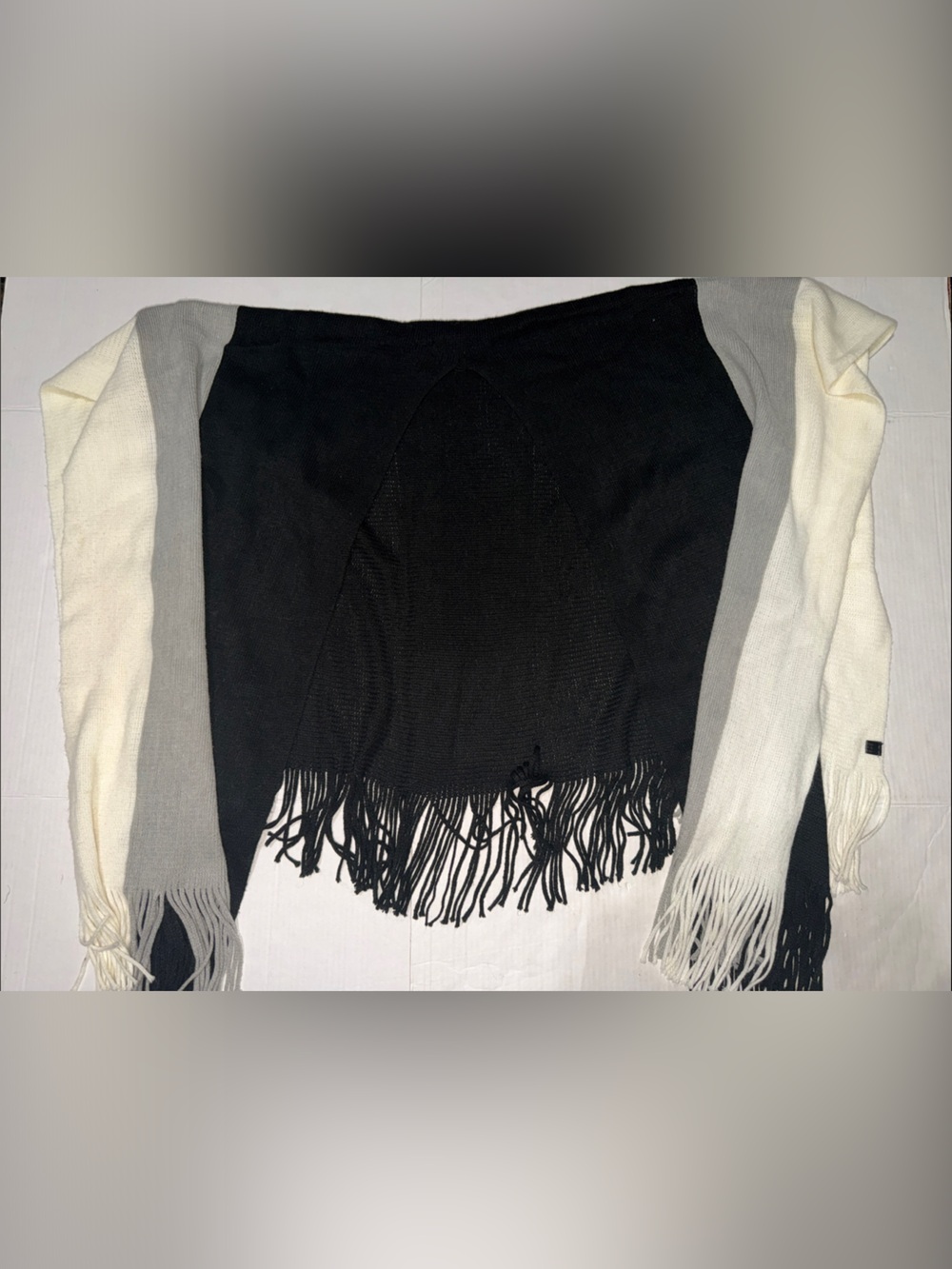 Tri-Color Fringe Wrap Scarf in Black, Gray & Cream